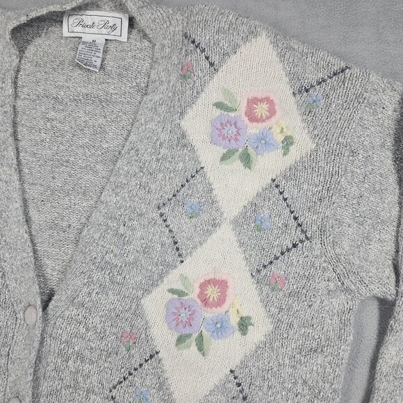 Vtg Private Party Angora Cardigan Womens M Argyle Floral Grey Granny Retro 90s - Picture 2 of 16